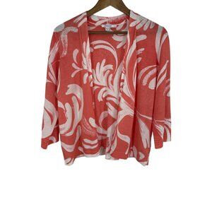 Chicos Coral & White Open Front Cardigan With Abstract Pattern Size 1 US M